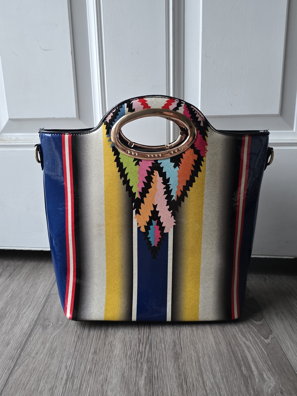 Multicolor Stripe Patent Tote Bag Gold Ring Handle Aztec Boho Crossbody